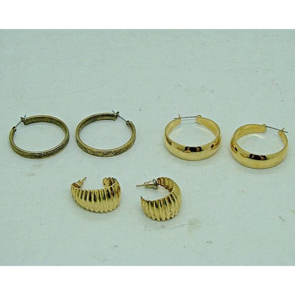 Lot of 3 Hoop and Semi Hoop Gold Tone Pierced Earrings 1" Minimalist - Picture 1 of 12